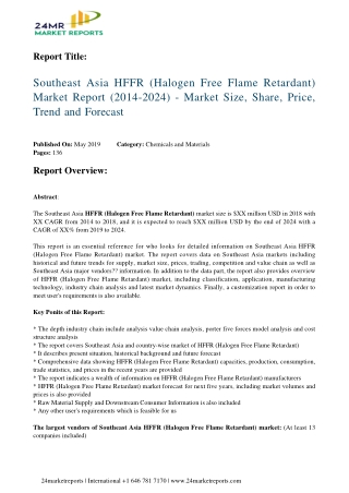 HFFR (Halogen Free Flame Retardant) Market Report 2014-2024