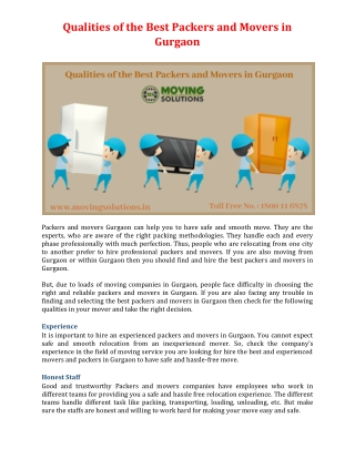 Qualities of the Best Packers and Movers in Gurgaon