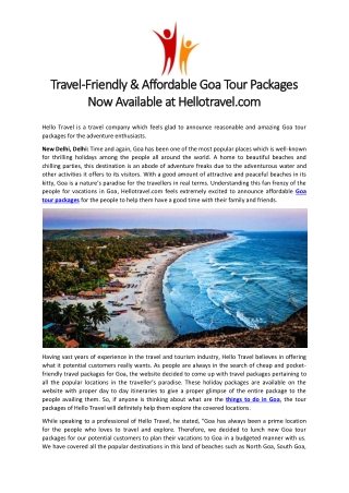 Travel-Friendly & Affordable Goa Tour Packages Now Available at Hellotravel.com