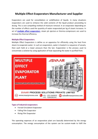 Multiple Effect Evaporators Manufacturer and Supplier