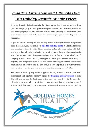 Find The Luxurious And Ultimate Hua Hin Holiday Rentals At Fair Prices