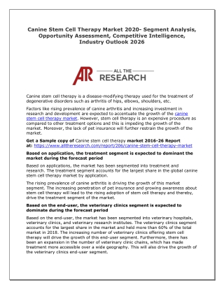 Canine Stem Cell Therapy Market 2020 Growth Analysis