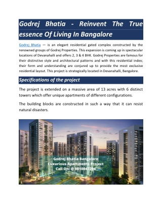 Godrej Bhatia - Reinvent The True essence Of Living In Bangalore