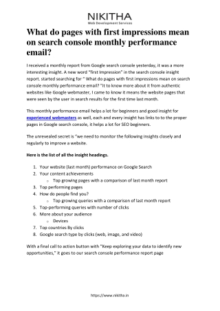 What do pages with first impressions mean on search console monthly performance email?