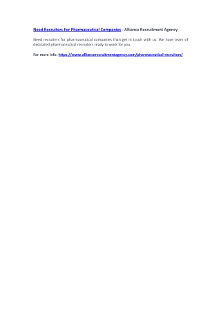 Need Recruiters For Pharmaceutical Companies - Alliance Recruitment Agency