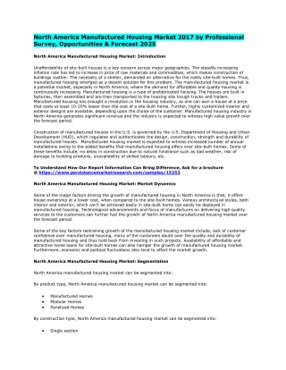 North America Manufactured Housing Market 2017-2025: Analyzed by Business Growth, Development Factors and Future Prospec