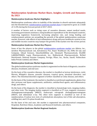 Malabsorption Syndrome Market Share, Insights, Growth and Dynamics By 2023