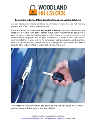 Locksmiths in Encino Offers Complete Keying and Locking Solutions