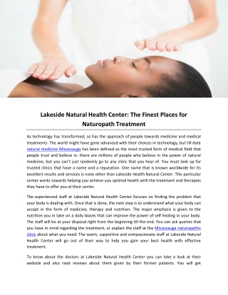 Lakeside Natural Health Center: The Finest Places for Naturopath Treatment