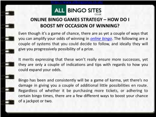 ONLINE BINGO GAMES STRATEGY – HOW DO I BOOST MY OCCASION OF WINNING?