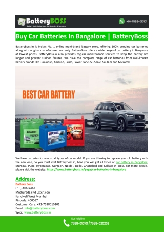 Buy Car Batteries in Bangalore | Batteryboss