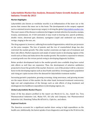 Labyrinthitis Market Size Analysis, Demand, Future Growth Analysis, and Industry Trends By 2023