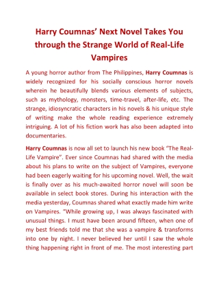 Harry Coumnas’ Next Novel Takes You through the Strange World of Real-Life Vampires