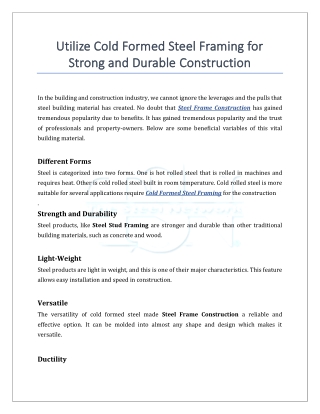 Utilize Cold Formed Steel Framing for Strong and Durable Construction