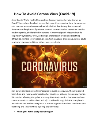 How To Avoid Corona Virus (Covid-19)