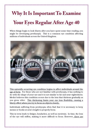 Why It Is Important To Examine Your Eyes Regular After Age 40