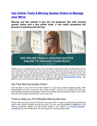 Use Online Tools & Moving Quotes Online to Manage your Move