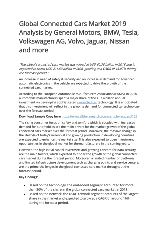 Global Connected Cars Market 2019 Analysis by General Motors, BMW, Tesla, Volkswagen AG, Volvo, Jaguar, Nissan and more