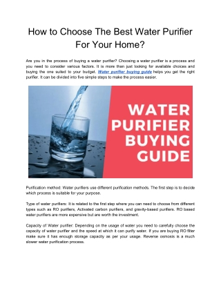 How to Choose The Best Water Purifier For Your Home?