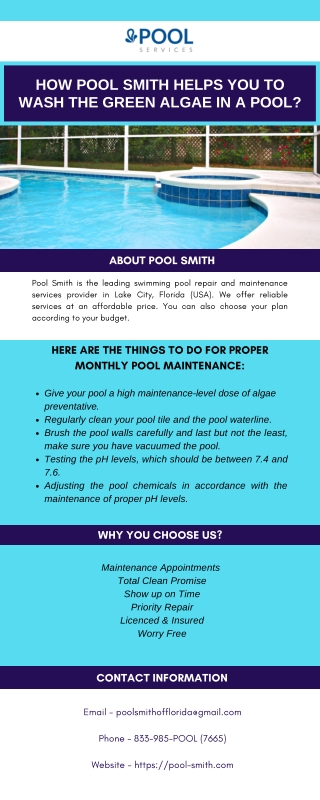 How Pool Smith Helps You to Wash the Green Algae in a Pool?