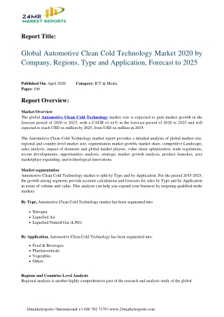 Automotive Clean Cold Technology Market 2020 by Company, Regions, Type and Application, Forecast to 2025