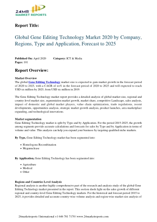 Gene Editing Technology Market 2020 by Company, Regions, Type and Application, Forecast to 2025