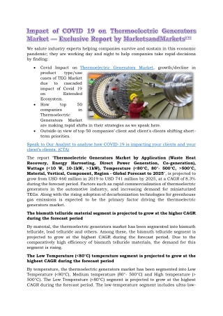 Impact of COVID 19 on Thermoelectric Generators Market — Exclusive Report by MarketsandMarkets™