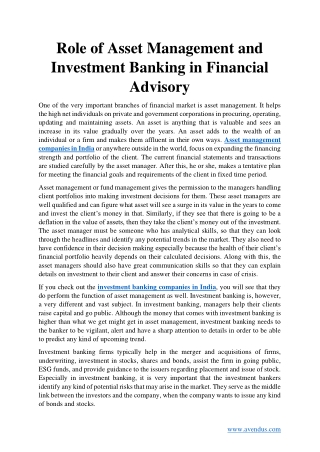 Role of Asset Management & Investment Banking in Financial Advisory