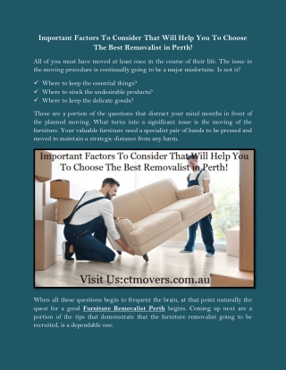 Important Factors To Consider That Will Help You To Choose The Best Removalist in Perth!