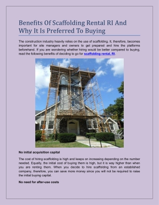 Benefits Of Scaffolding Rental RI And Why It Is Preferred To Buying