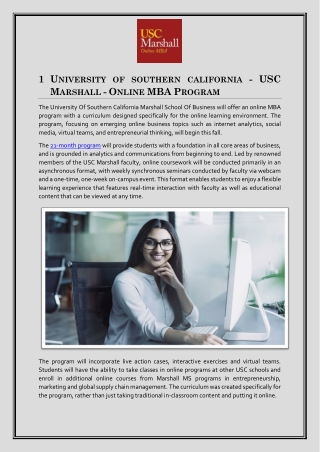 UNIVERSITY OF SOUTHERN CALIFORNIA - USC MARSHALL - ONLINE MBA PROGRAM