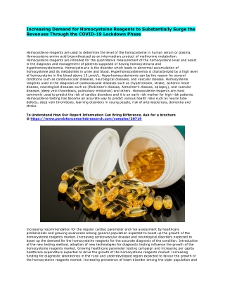 Homocysteine Reagents Market to Record Exponenetial Growth Owing to High Demand Through COVID-19 Pandemic