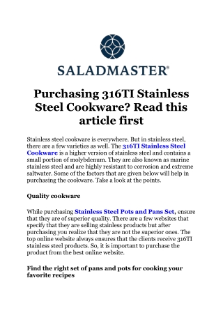 Purchasing 316TI Stainless Steel Cookware? Read this article first