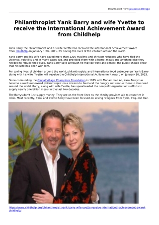 Philanthropist Yank Barry and wife Yvette to receive the International Achievement Award from Childhelp