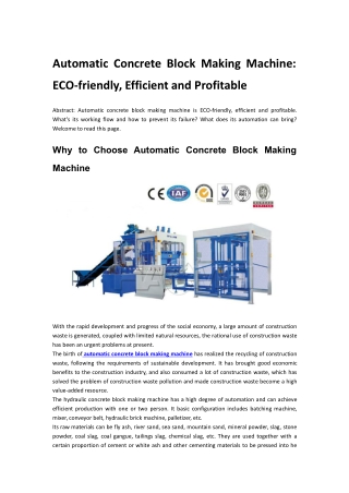 Automatic Concrete Block Making Machine: ECO-friendly, Efficient and Profitable