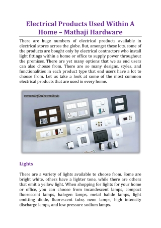 Electrical Products Used Within A Home - Mathaji Hardware