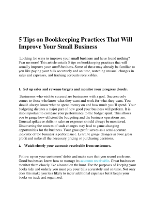 5 Tips on Bookkeeping Practices That Will        Improve Your Small Business