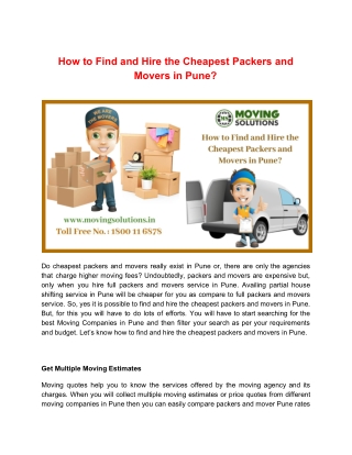 How to Find and Hire the Cheapest Packers and Movers in Pune?