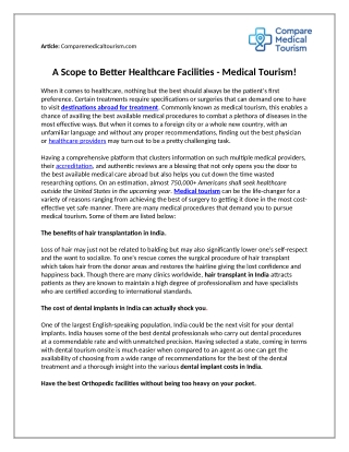 A Scope To Better Healthcare Facilities - Medical Tourism!