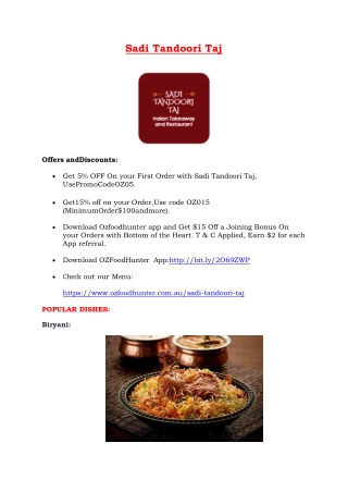 5% Off - Sadi Tandoori Taj Indian Restaurant Potts Point, NSW