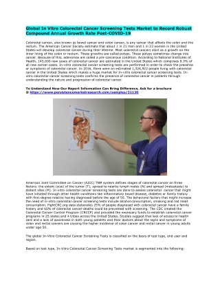 Global In Vitro Colorectal Cancer Screening Tests Market to Witness Robust Revenue Growth After COVID-19 Crisis Period A