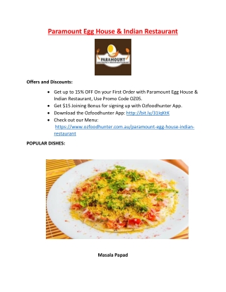 15% Off - Paramount Egg House & Indian Restaurant Menu in Springvale, VIC.