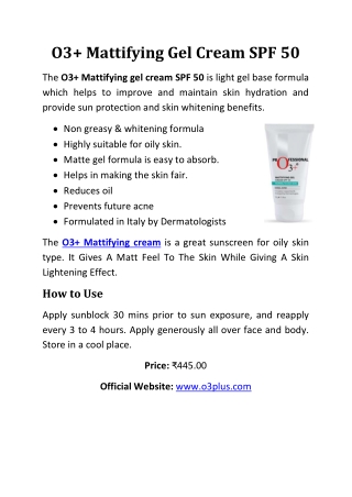 O3  Mattifying Gel Sun Protection Cream