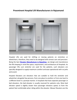 Preeminent Hospital Lift Manufacturers in Rajsamand