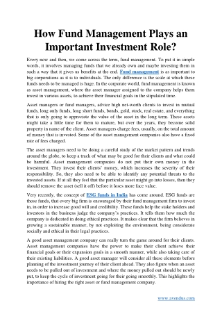 How Fund Management Plays an Important Investment Role?