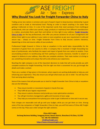 Why Should You Look for Freight Forwarder China to Italy