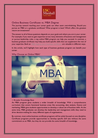 Online Business Certificate vs. MBA Degree