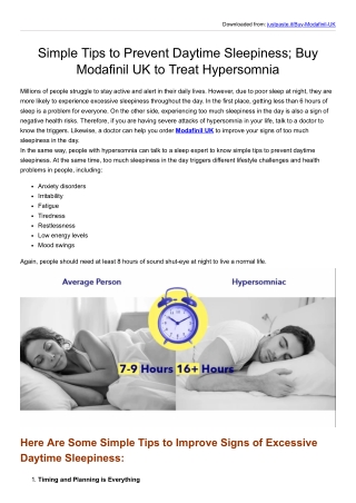 Simple Tips to Prevent Daytime Sleepiness; Buy Modafinil UK to Treat Hypersomnia