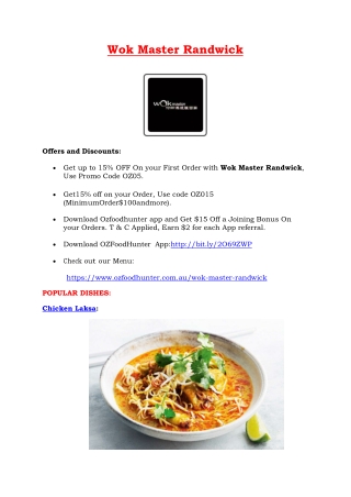 15% Off - Wok Master Chinese & Asian restaurant Menu in Randwick NSW