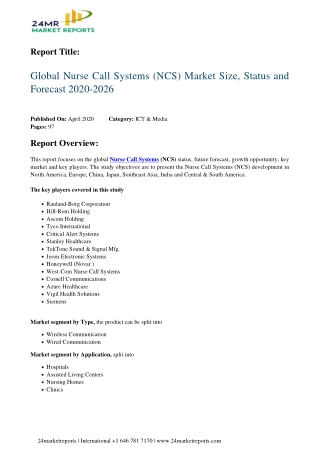 Nurse Call Systems NCS Study 2020 Impressive Development To Be Observed In Revenue And Growth Rate A